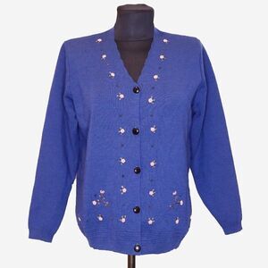 Vintage V-Neck Cobalt Blue Embroidered Cardigan Sweater.